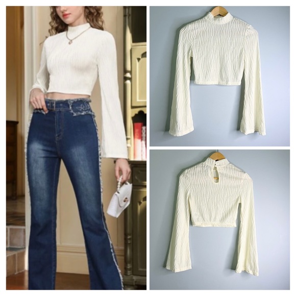 SHEIN Tops - SHEIN Ivory Textured Mock Neck Keyhole Back Flounce Sleeve Crop Top